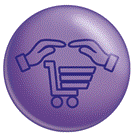 Blue icon of a basket representing 'Dedication to the customer'